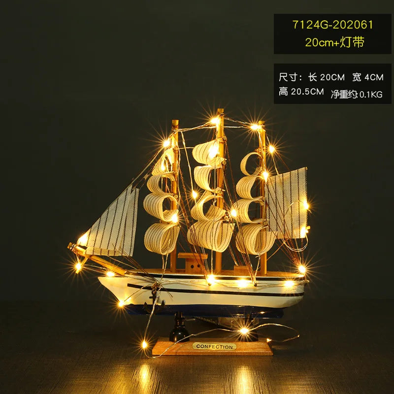 Pirate Ship Sailboat Model Wooden Small Boat Decoration with LED for Cake Ornaments & Tabletop, 16-20cm