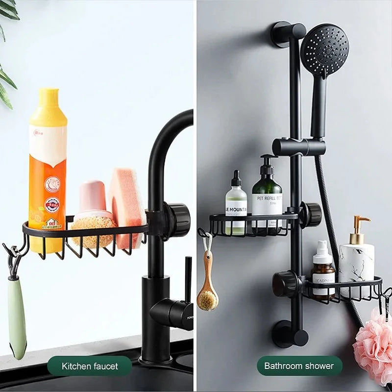 Adjustable Bathroom Faucet Storage Rack – Shampoo & Soap Holder, Kitchen Sink Drain Rack Accessories