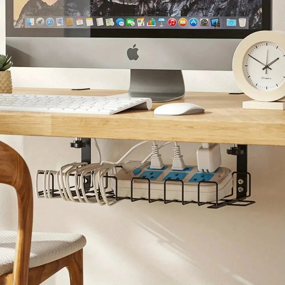 Under Table Storage Rack – Metal Cable Management Tray, No Punching Design for Home & Office