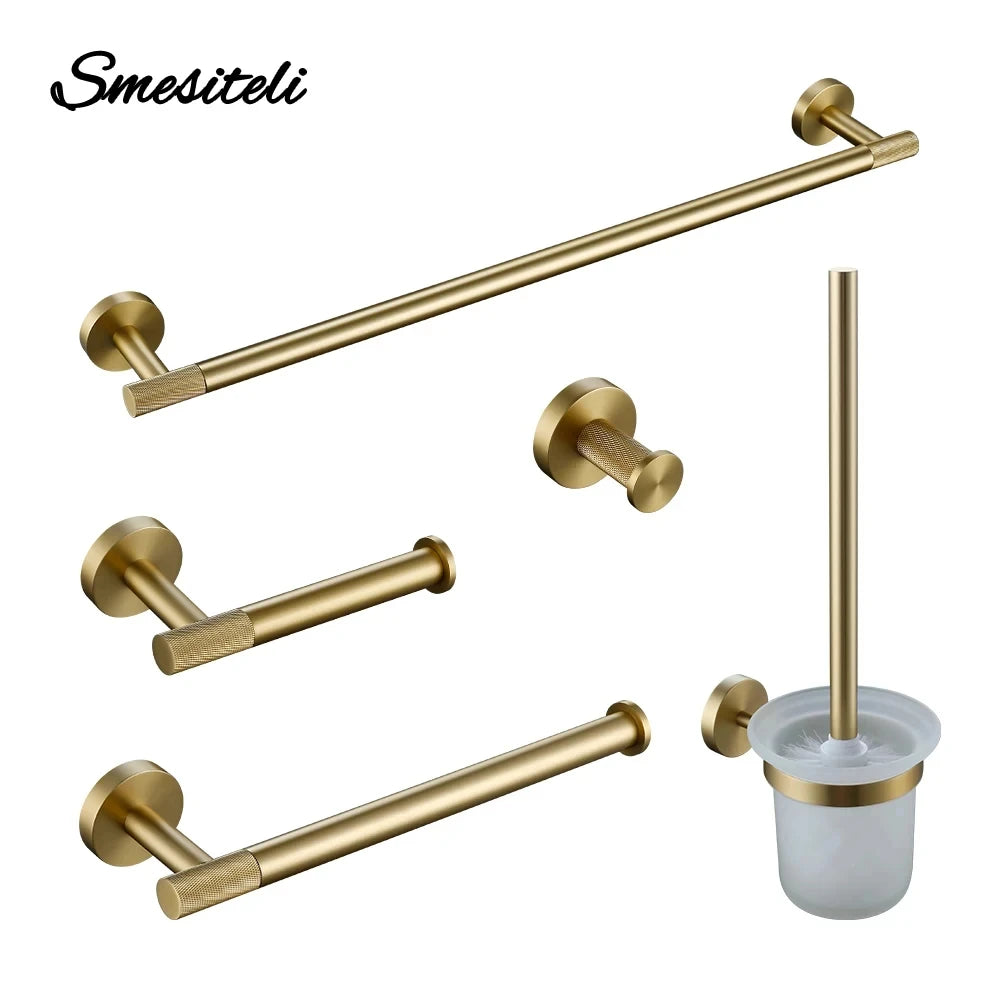 Brushed Gold Bathroom Accessories Set - Towel Bar, Bath Robe Hook, Tissue Holder & Knurled Brass Hardware