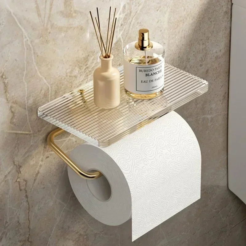 Luxury Gold Toilet Paper Holder with Shelf – No Punching Acrylic Tissue Hanger for Bathroom