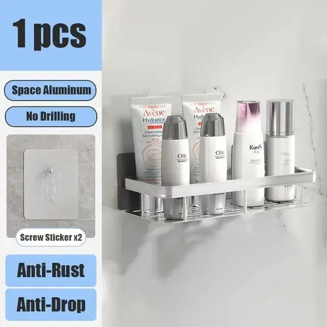 No-Drill Wall-Mounted Bathroom Shelf – Aluminum Shower & Toilet Storage Rack