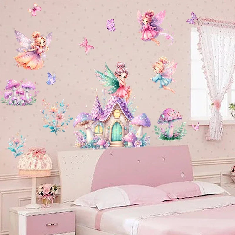 Cute Fairy Wall Stickers – Vinyl Princess & Mushroom Castle Decals for Kids' Nursery & Girls' Bedroom