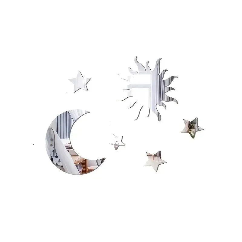 6PCS Star & Moon Acrylic Mirror Wall Stickers – Modern DIY Home Décor for Living Room & Bedroom