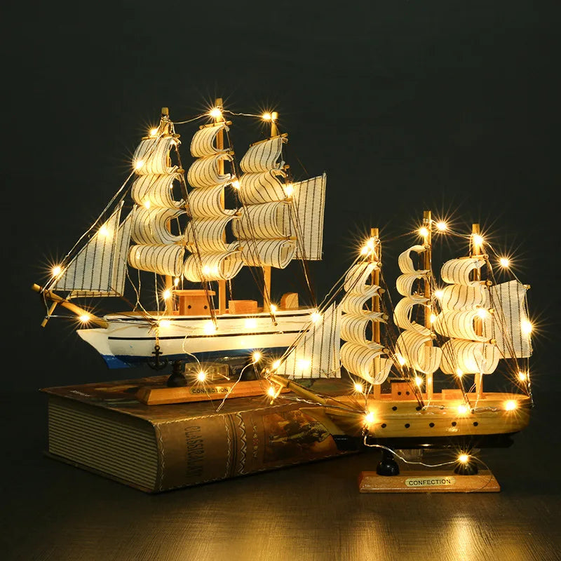 Pirate Ship Sailboat Model Wooden Small Boat Decoration with LED for Cake Ornaments & Tabletop, 16-20cm