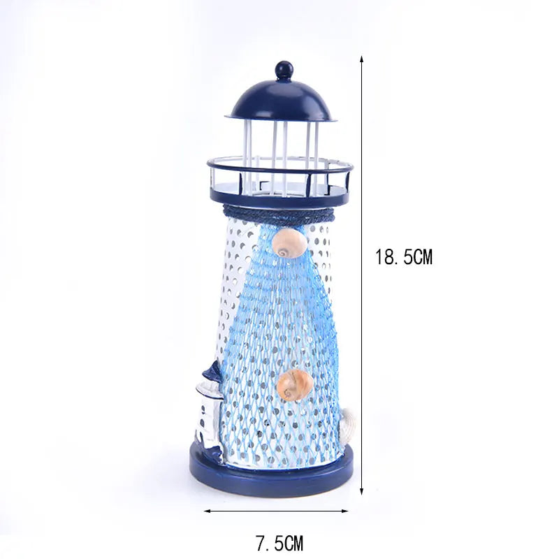 Nautical Lighthouse Ornaments – Metal Beacon Tower Figurines with Fishing Net, Starfish & Shell Accents