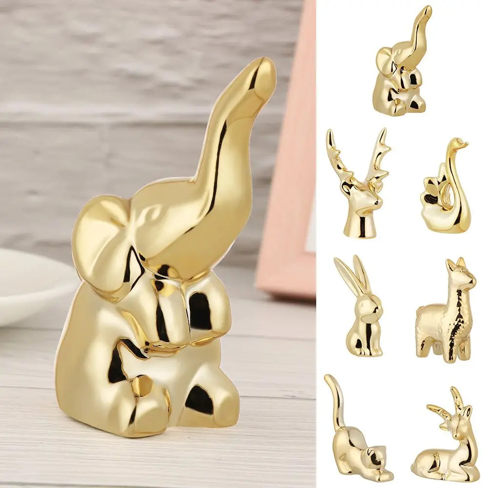 Gold Ceramic Animal Figurines – Cute Elephant & Rabbit Miniatures for Home Décor