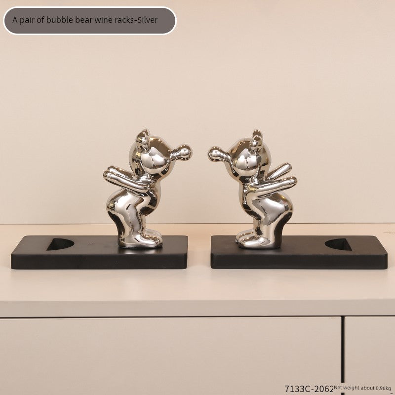 Electroplated Bear Wine Rack – Modern Ceramic and Wood Wine Bottle Holder for Living Room or Bar Decor