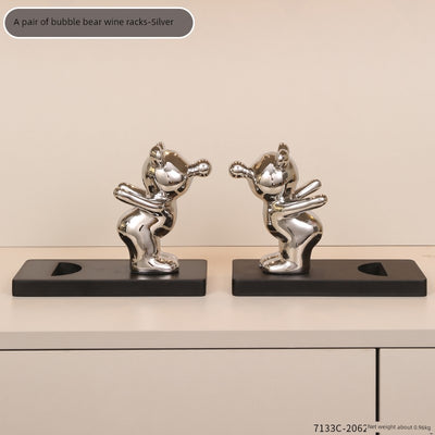 Electroplated Bear Wine Rack – Modern Ceramic and Wood Wine Bottle Holder for Living Room or Bar Decor