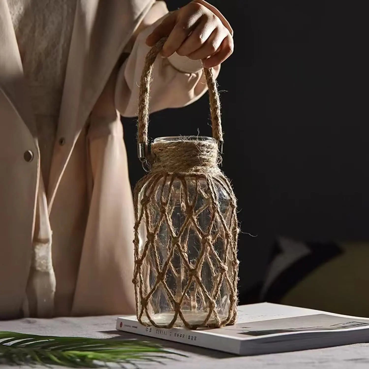 Hand-Woven Hemp Rope Glass Vase – Boho Decorative Vase for Flowers & Home Decor