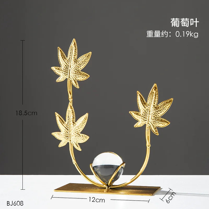 Gold Ginkgo Leaf Iron Crafts – Luxury Crystal Ball Ornaments for Living Room, TV Cabinet & Wine Cabinet Decoration