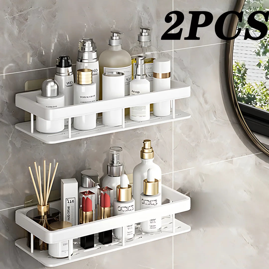 2PCS Aluminum Bathroom & Kitchen Shelf – No-Drill Dual-Tier Storage Organizer