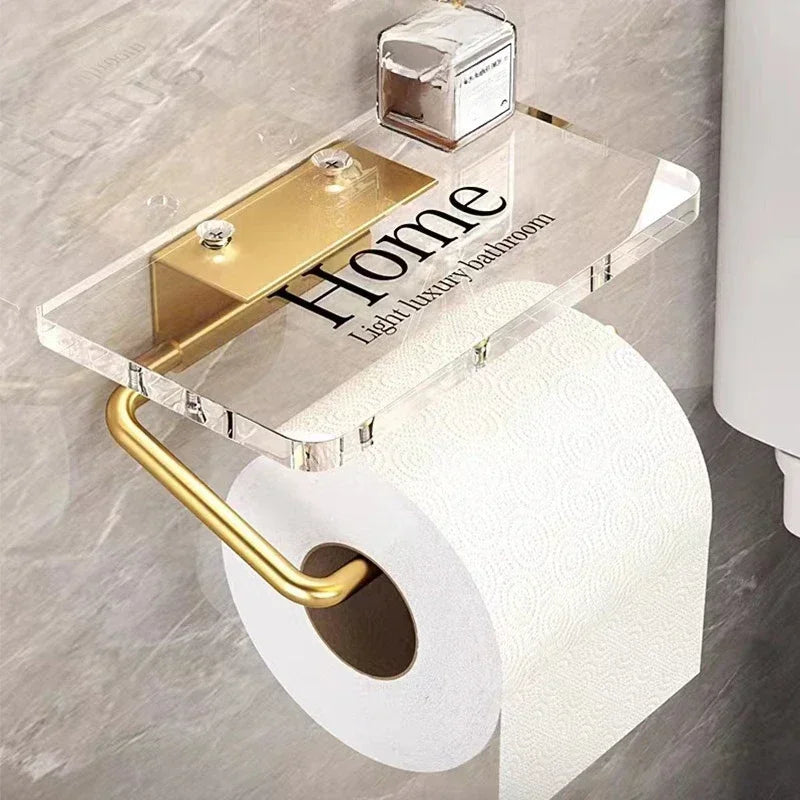 Luxury Gold Toilet Paper Holder with Shelf – No Punching Acrylic Tissue Hanger for Bathroom