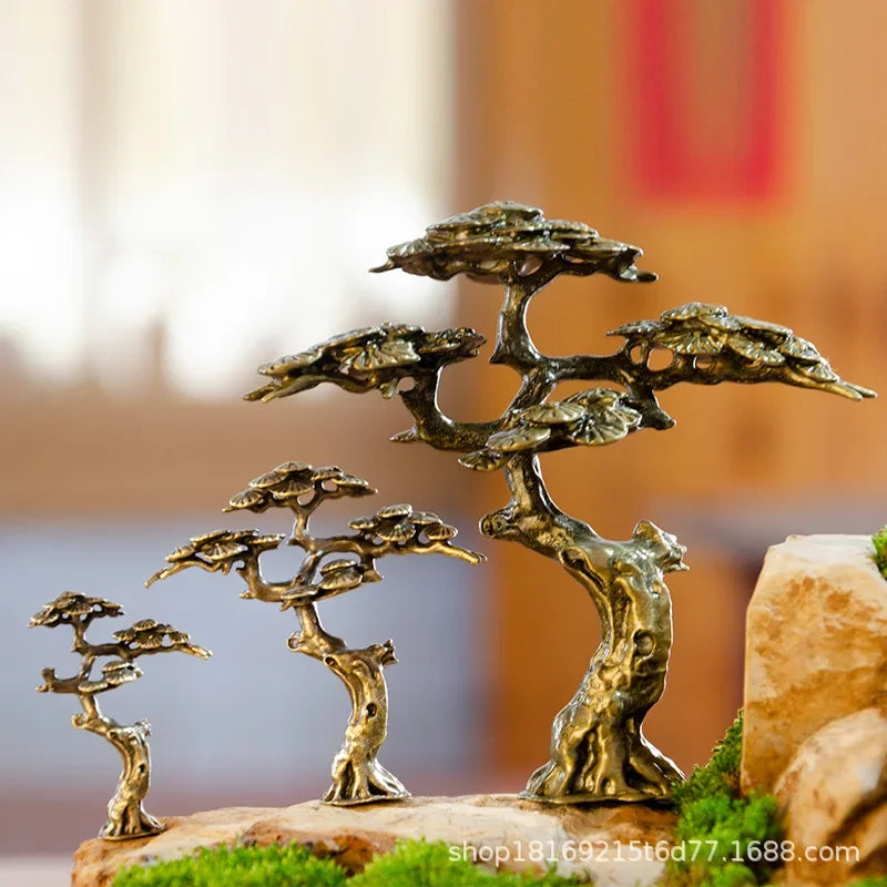 Mini Welcome Pine Tree Figurine – Copper Miniature Bonsai Tree Statues for Garden & Home Decor