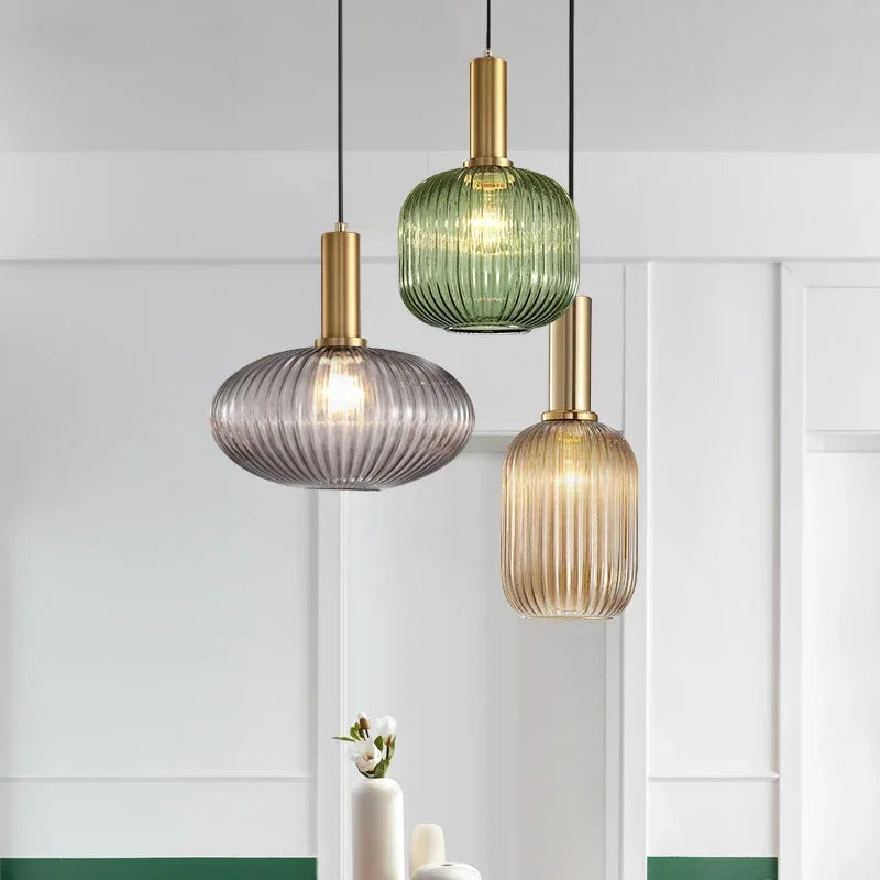 Nordic Vintage Colorful Glass Striped Chandelier – Elegant Pendant Light for Dining Room and Kitchen