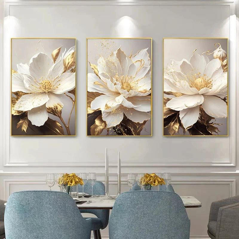 Gold Leaf and White Flower Canvas Wall Art - Unframed Modern Decor for Any Room