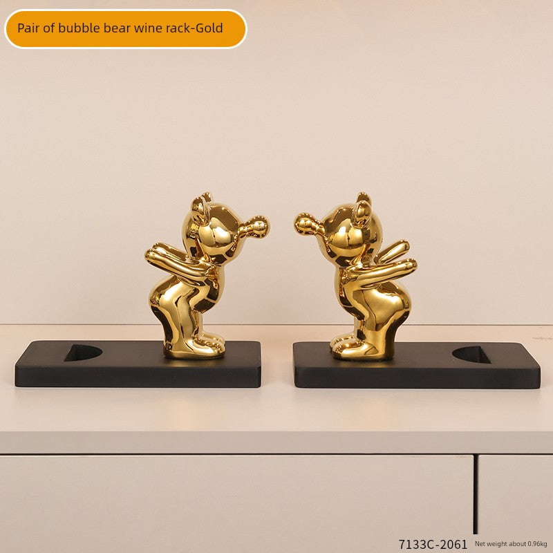 Electroplated Bear Wine Rack – Modern Ceramic and Wood Wine Bottle Holder for Living Room or Bar Decor