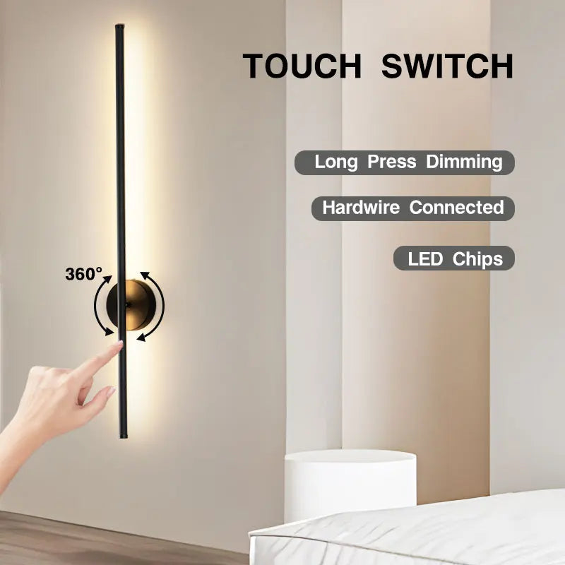 Black Touch Switch Dimmable LED Wall Lamp – 360° Rotatable Modern Wall Sconce for Bedroom & Living Room