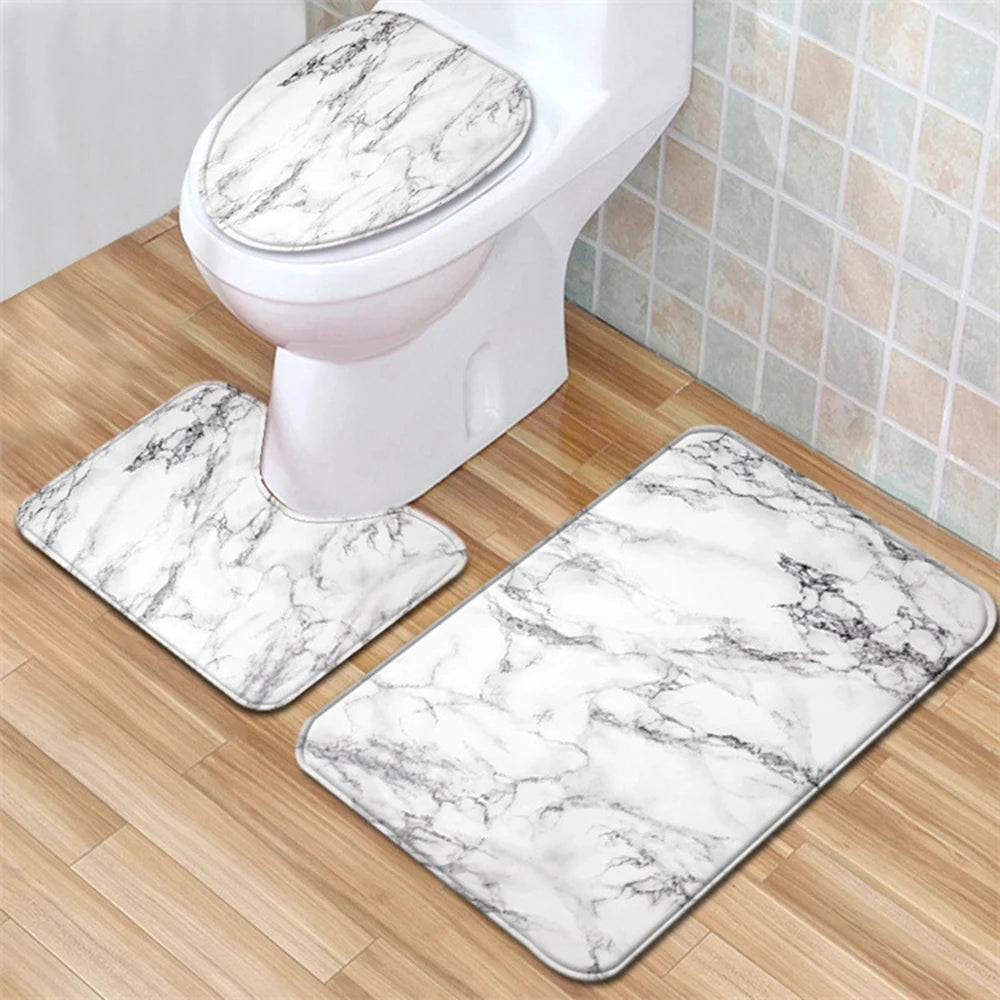 3PCS Marble Bath Mat Set – Anti-Slip Bathroom Rugs with Toilet Lid Cover & Pedestal Rug