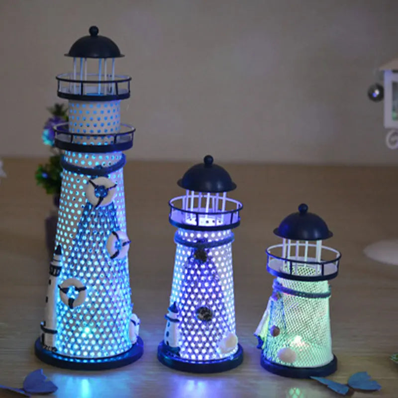 Nautical Lighthouse Ornaments – Metal Beacon Tower Figurines with Fishing Net, Starfish & Shell Accents