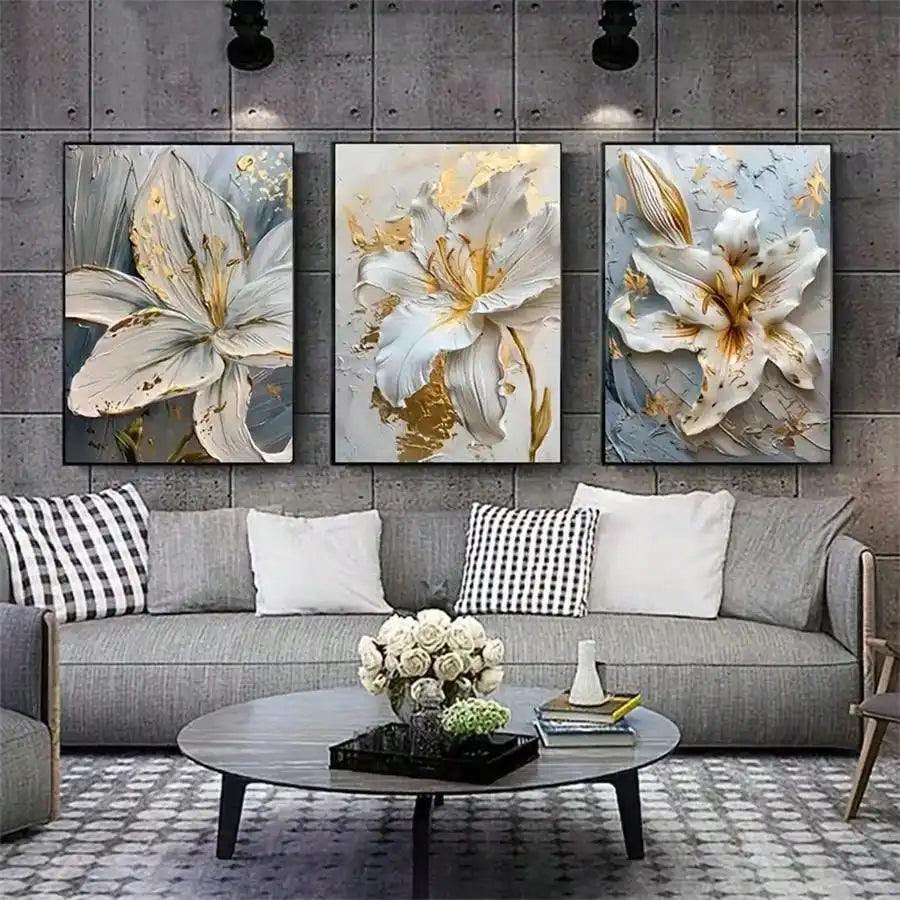 Gold and White Flower Canvas - Abstract 3D Lily Wall Art for Home Décor