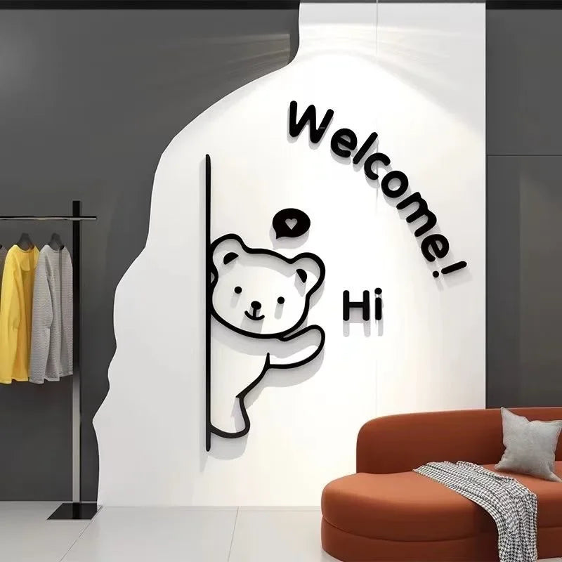 3D Acrylic Hello Bear & Cute Kitten Wall Stickers – Waterproof Animal Decorations for Windows, Doors & Smooth Surfaces