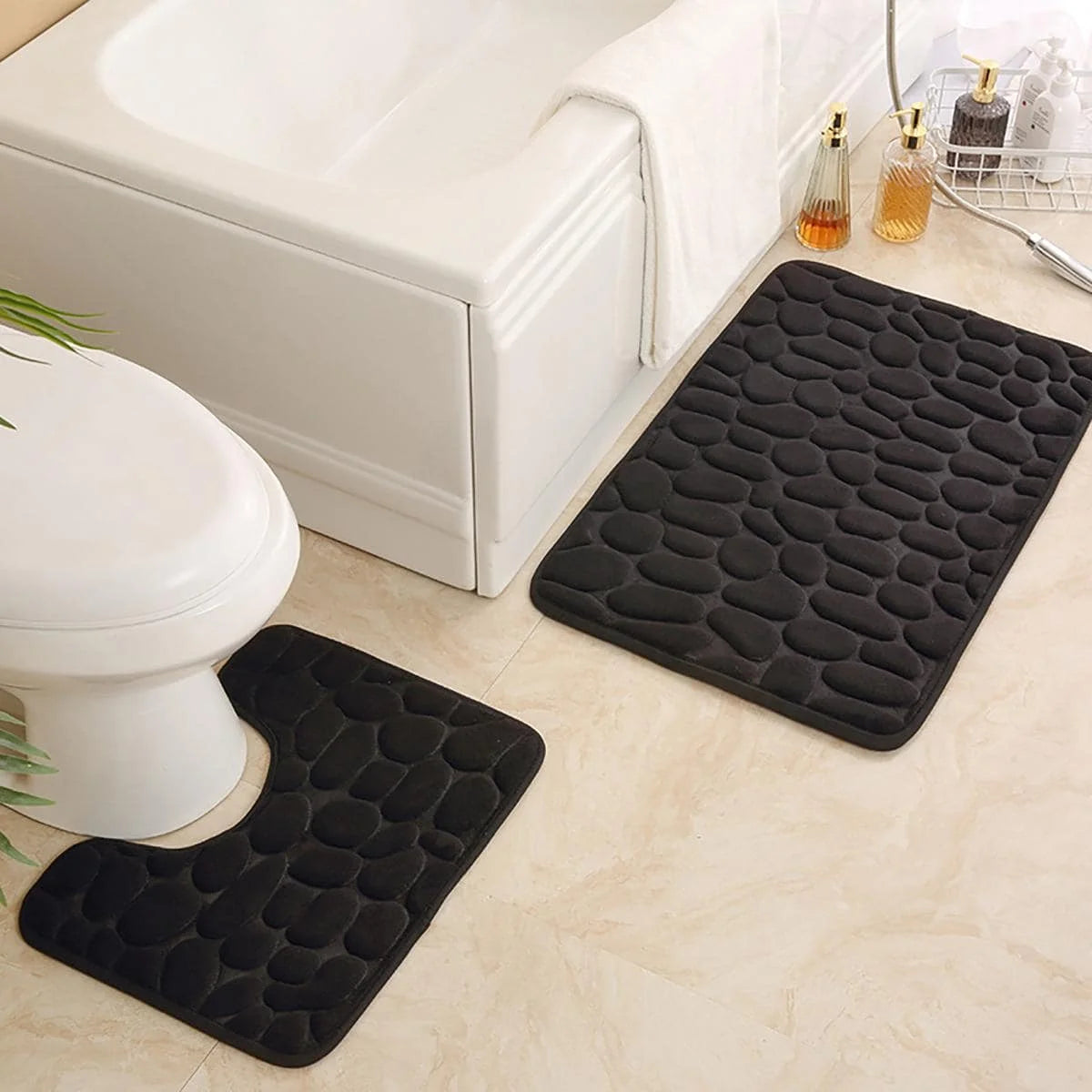 2PC Embossed Stone Pattern Toilet Mat Set – Non-Slip, Absorbent Microfiber Bathroom Mats