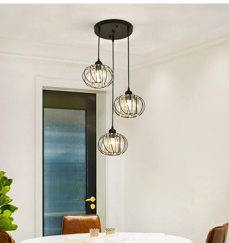 Crystal LED Pendant Lights – Elegant Kitchen and Dining Room Decor with Nordic Black Iron Shade