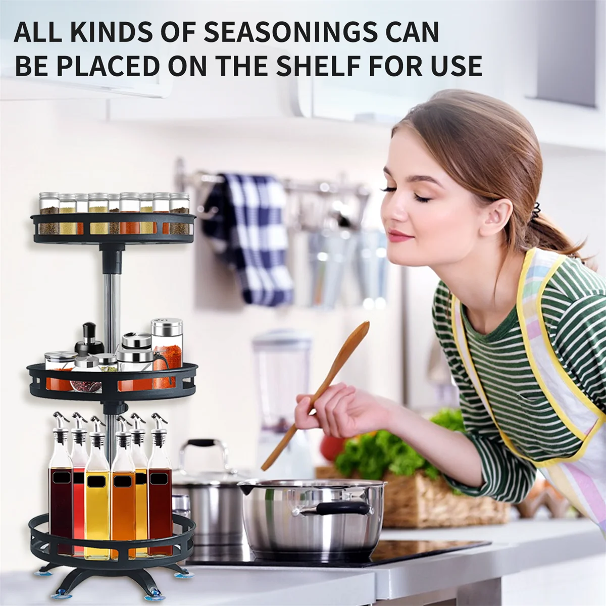 360° Rotation Spice Rack Organizer – Non-Skid Carbon Steel Storage Tray for Seasonings & Spices