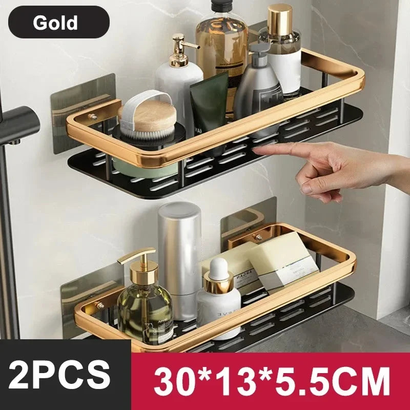 No-Drill Aluminum Bathroom & Kitchen Shelf – Wall-Mounted Shower & Storage Organizer