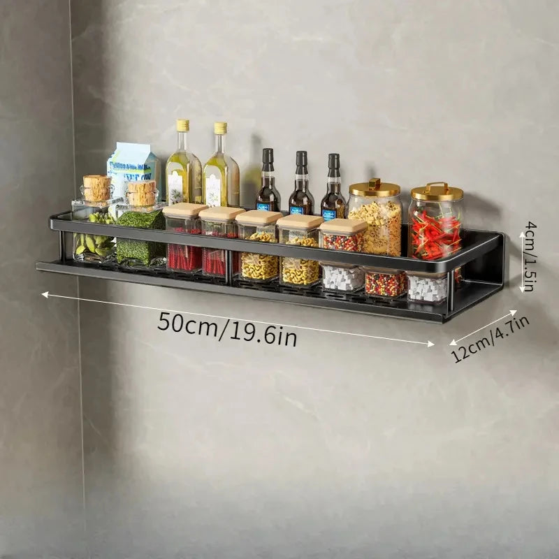 Kitchen Shelf Spice Storage Rack Wall-Mounted with Spatula, Spoon Hooks & Towel Bar