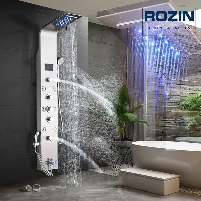 LED Light Bathroom Shower Panel with Intelligent LCD Display and 6 Modes for Rain