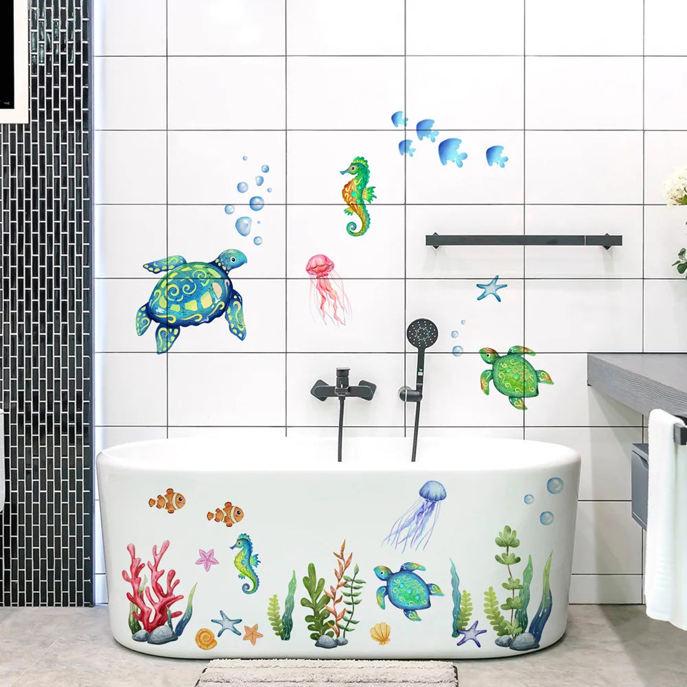 Cartoon Sea Turtle & Seahorse Wall Stickers – Self-Adhesive Marine Animal Décor for Kids' Rooms & Bathrooms