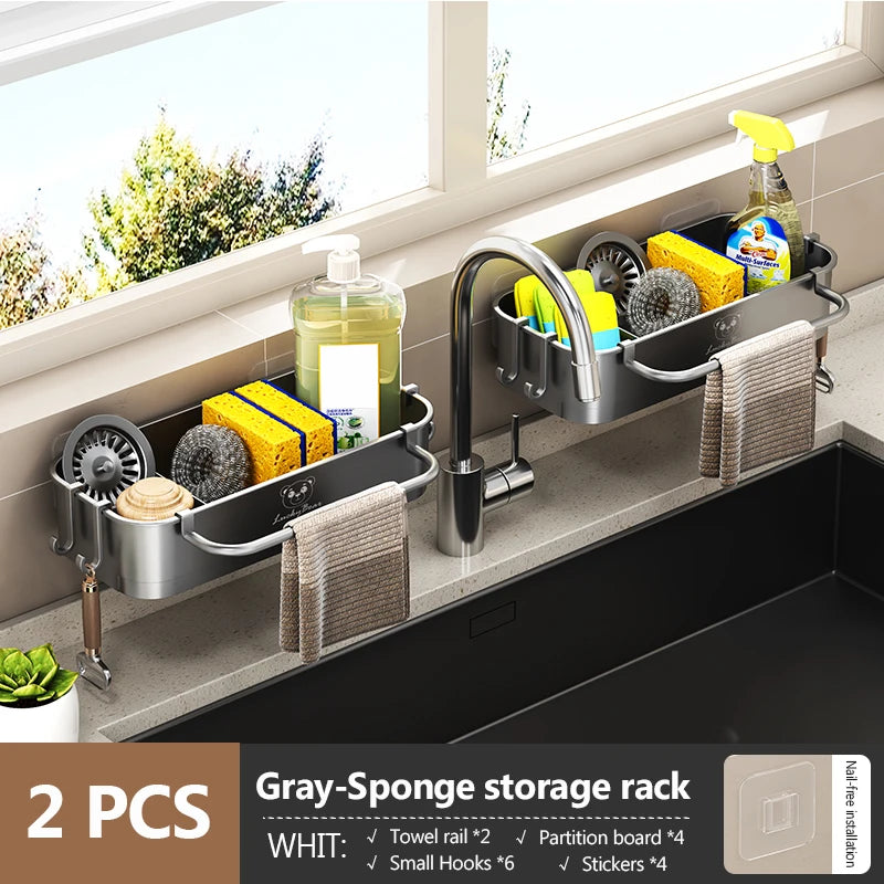 Kitchen Sink Caddy – Sponge Holder with Hooks, Divider & Soap Dispenser Brush Organizer