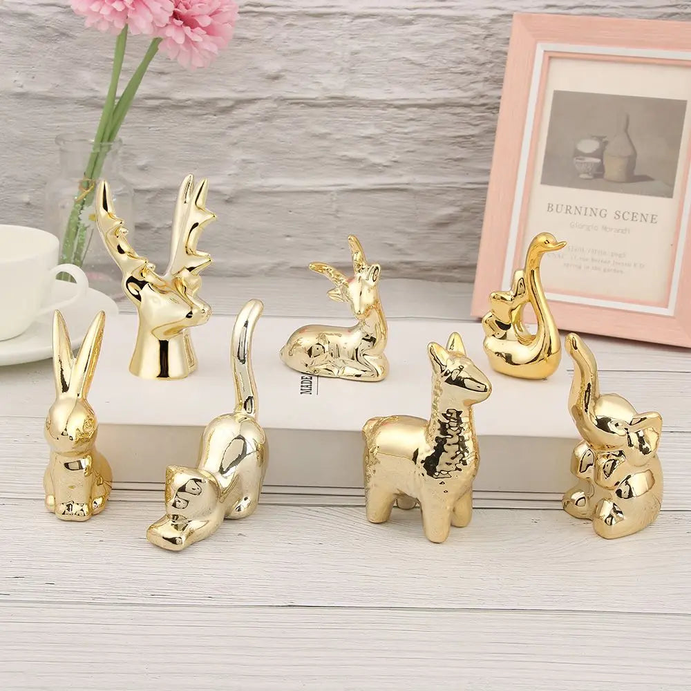 Gold Ceramic Animal Figurines – Cute Elephant & Rabbit Miniatures for Home Décor