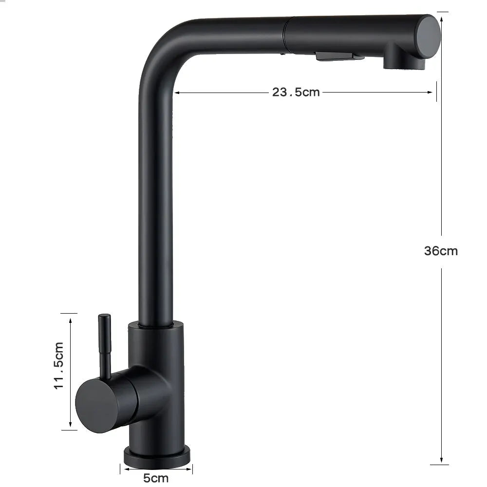 Black Pull-Out Kitchen Sink Faucet  Flexible 2 Modes Stream & Sprayer Nozzle Stainless Steel Hot/Cold Water Mixer