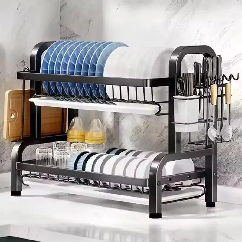 Dish Drying Rack 2-Tier Compact Kitchen Rack Set – Large Rust-Proof Dish Drainer with Utensil Holder