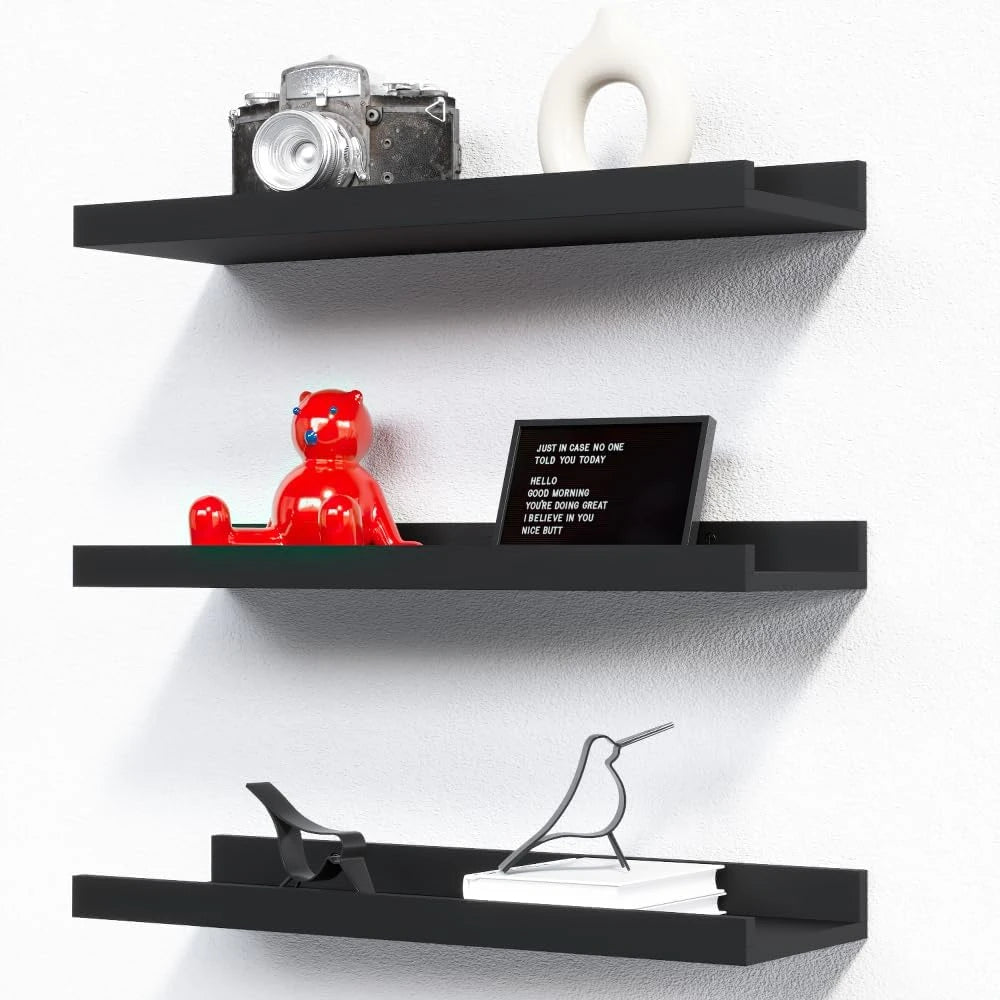 Set of 3 Floating Wall Shelves with Safety Ledge – Wall-Mounted Wooden Shelves for Home Décor