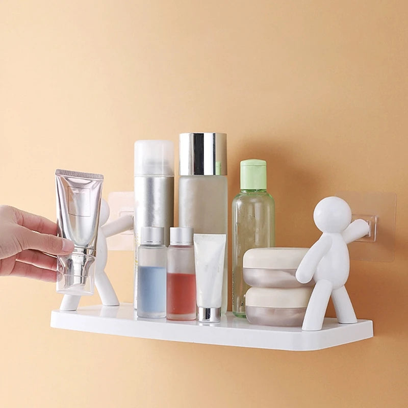 Creative Bathroom Storage Shelves - Cute Doll Design, Self-Adhesive Storage Rack for Cosmetics and Accessories