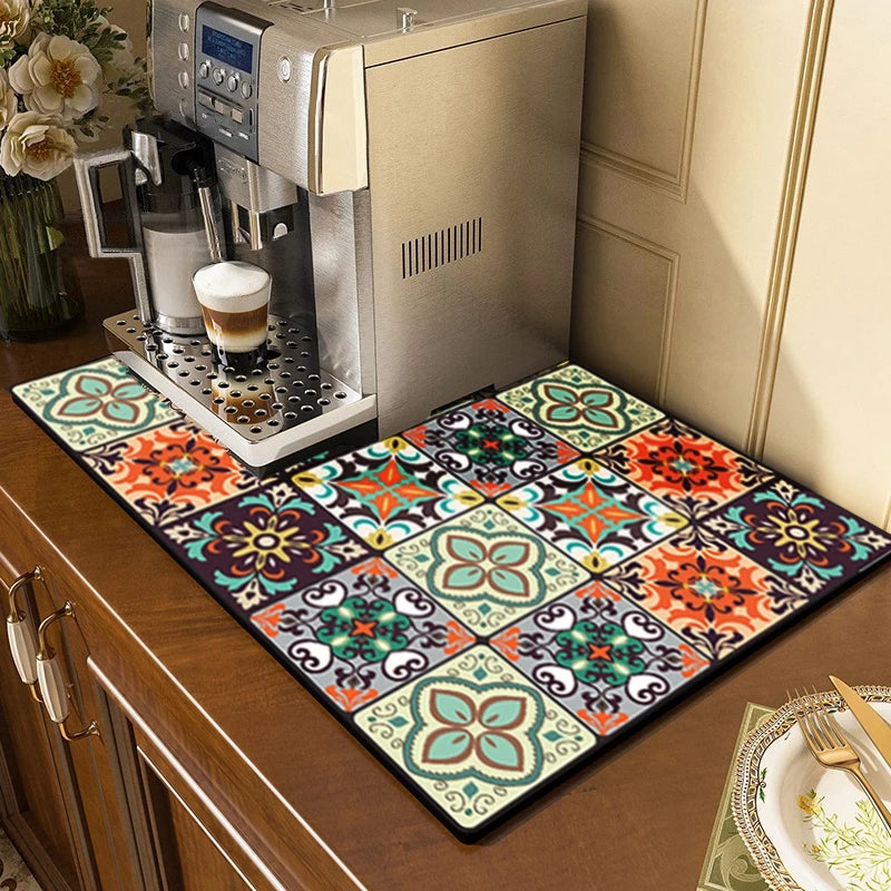 Retro-Style Absorbent Dish Drying Mat – Crystal Velvet Drainage Pad for Kitchen & Bathroom