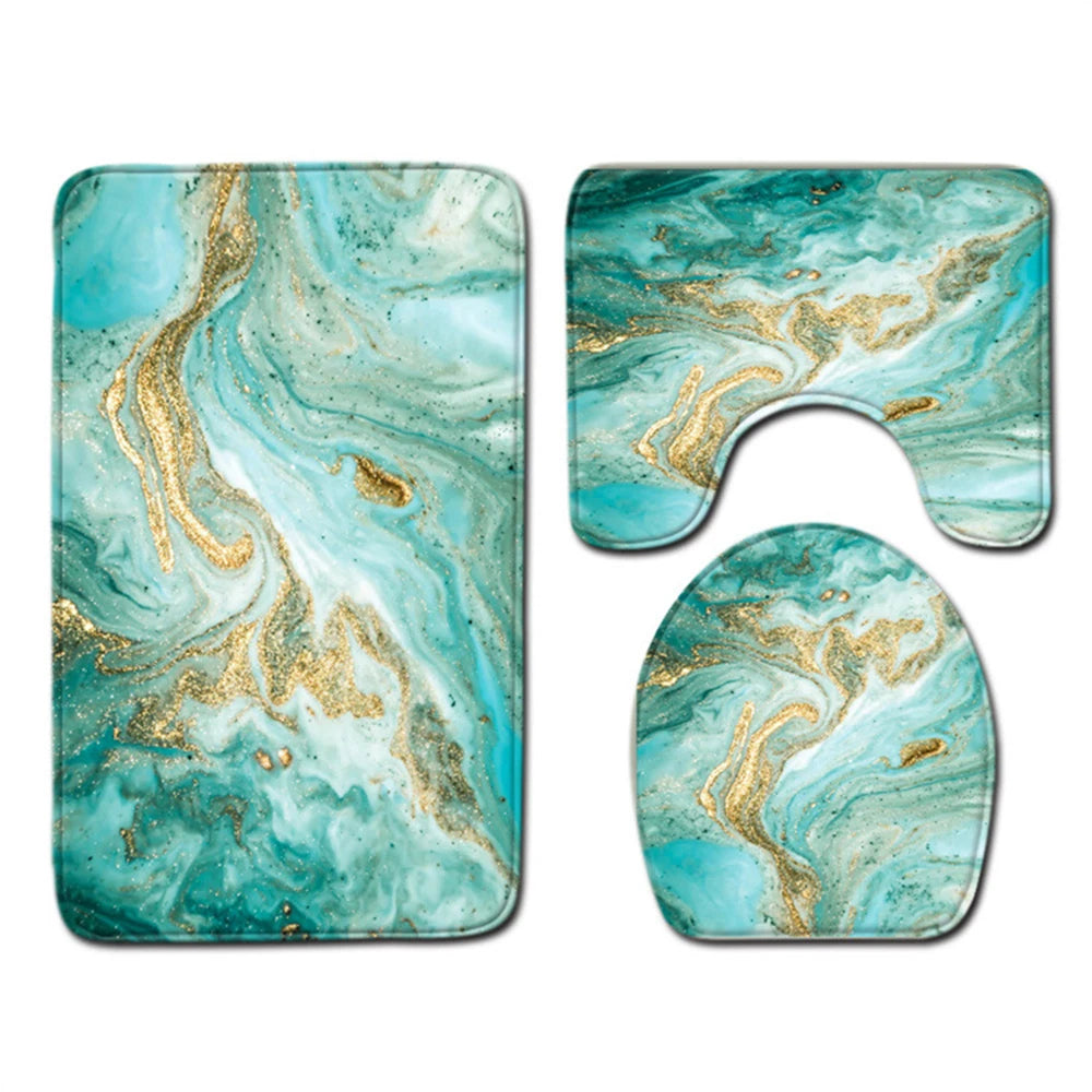 3PCS Marble Bath Mat Set – Anti-Slip Bathroom Rugs with Toilet Lid Cover & Pedestal Rug