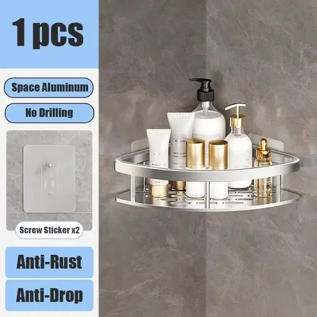 No-Drill Wall-Mounted Bathroom Shelf – Aluminum Shower & Toilet Storage Rack