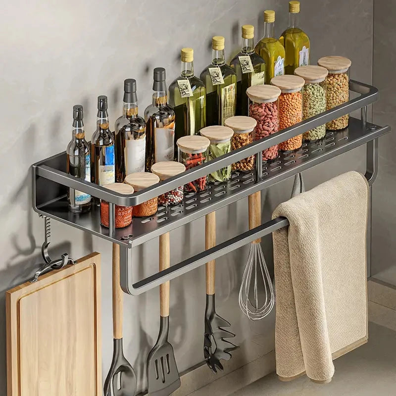 1PC Wall-Mounted Multifunctional Kitchen Rack – Spice Storage & Utensil Hook Organizer