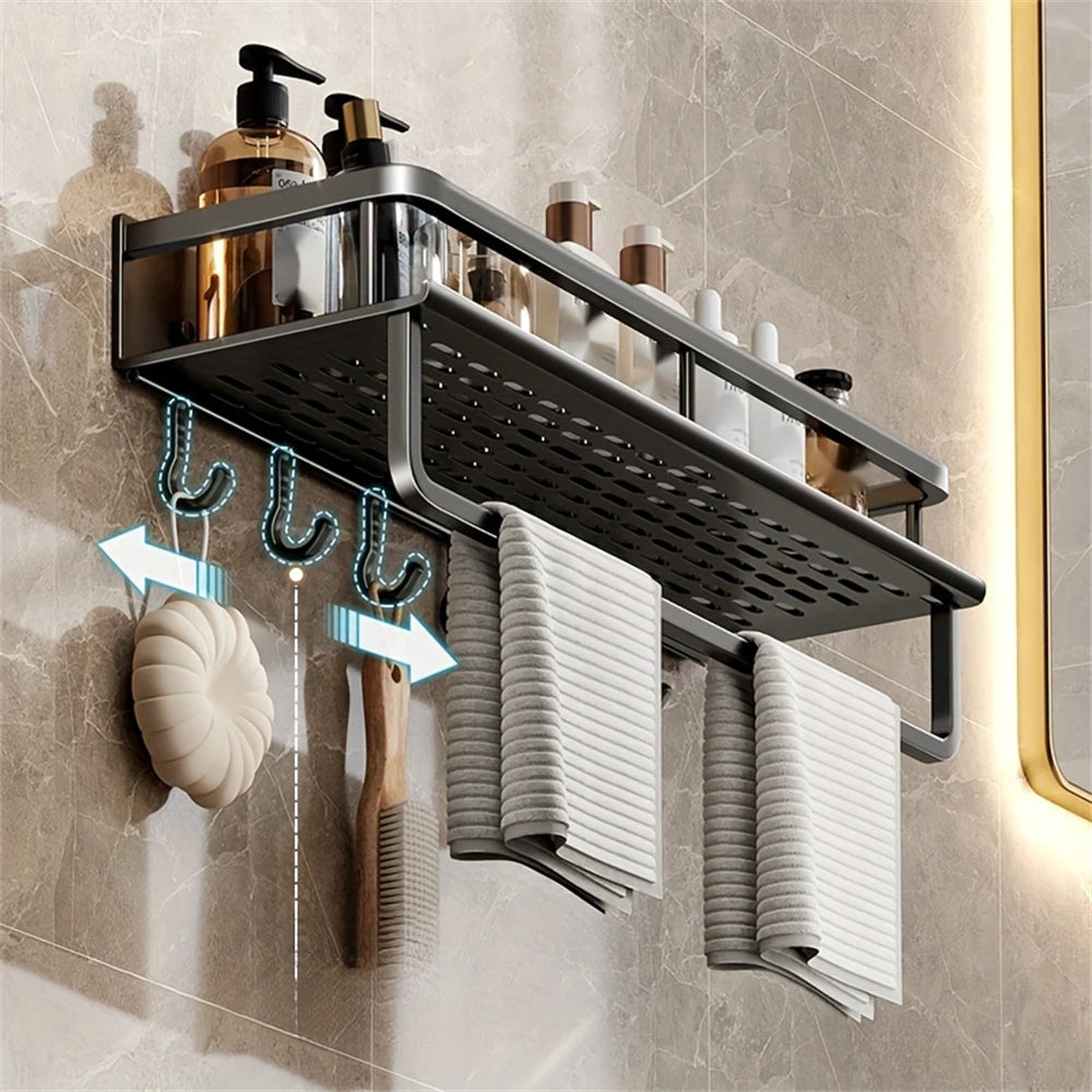 Wall-Mounted Multi-Functional Storage Rack Bathroom Organizer with Hook Bar