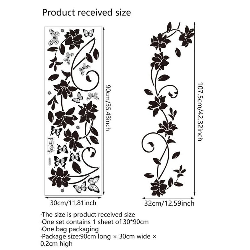 Black Floral Butterfly Wall Sticker – Self-Adhesive Bathroom Door, Bathtub, Bedroom Background Decor