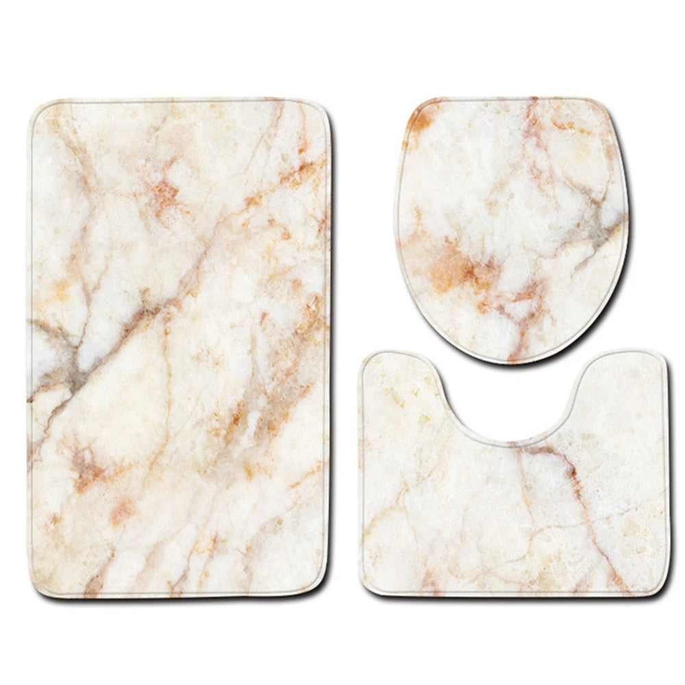 3PCS Marble Bath Mat Set – Anti-Slip Bathroom Rugs with Toilet Lid Cover & Pedestal Rug