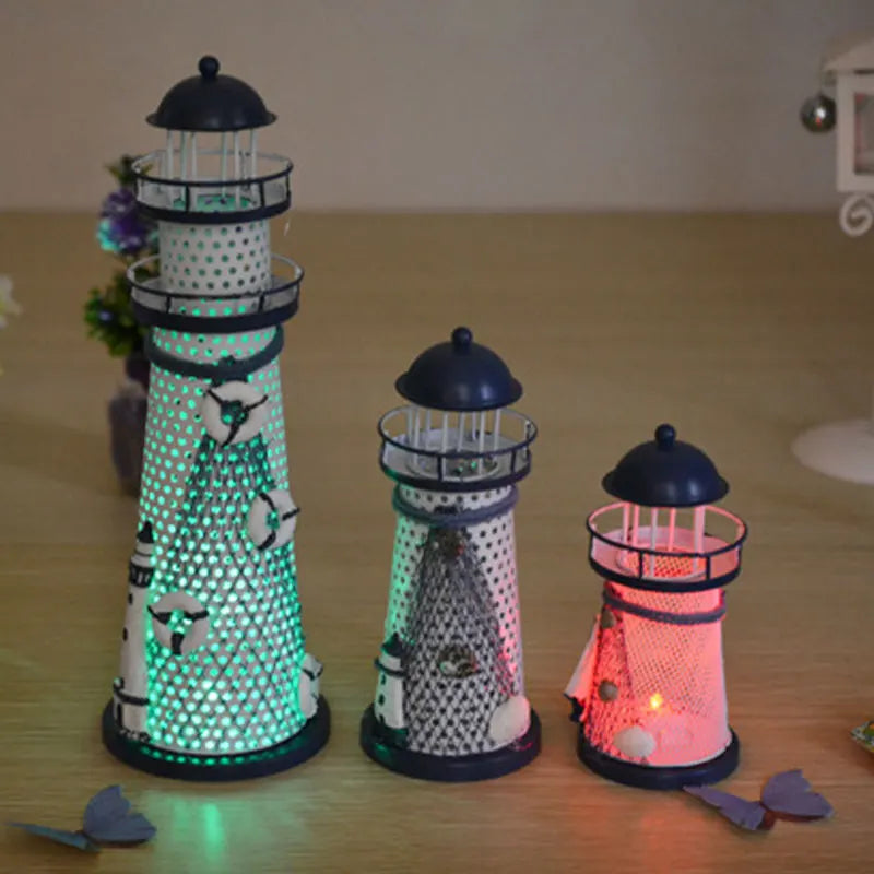 Nautical Lighthouse Ornaments – Metal Beacon Tower Figurines with Fishing Net, Starfish & Shell Accents