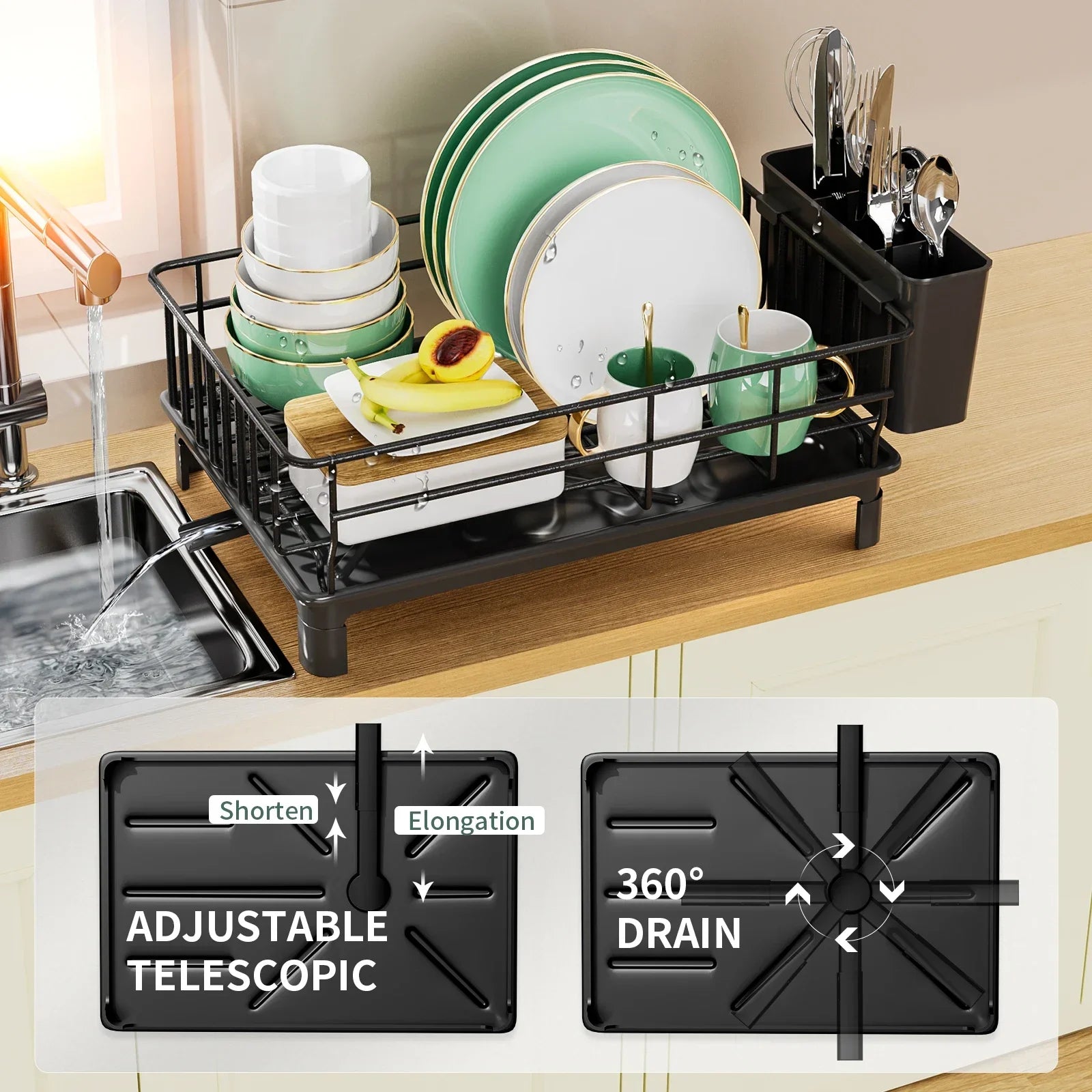 Dish Drying Rack with Drain Tray – Kitchen Countertop Organizer with Cutlery & Cup Holder