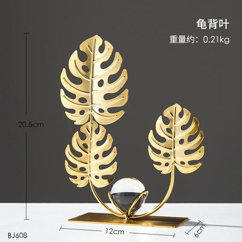 Gold Ginkgo Leaf Iron Crafts – Luxury Crystal Ball Ornaments for Living Room, TV Cabinet & Wine Cabinet Decoration