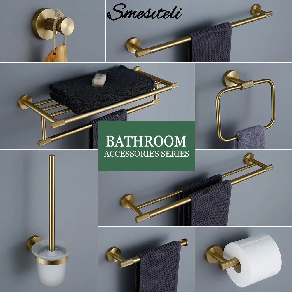 Brushed Gold Bathroom Accessories Set - Towel Bar, Bath Robe Hook, Tissue Holder & Knurled Brass Hardware